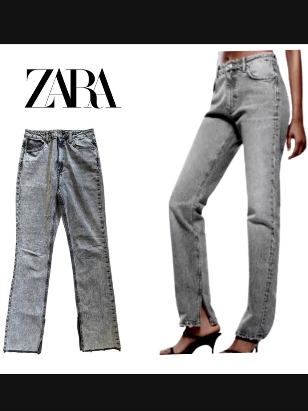 Zara Women's High Rise Straight Leg Split Hem Jeans Size 8 Gray Vintage Wash